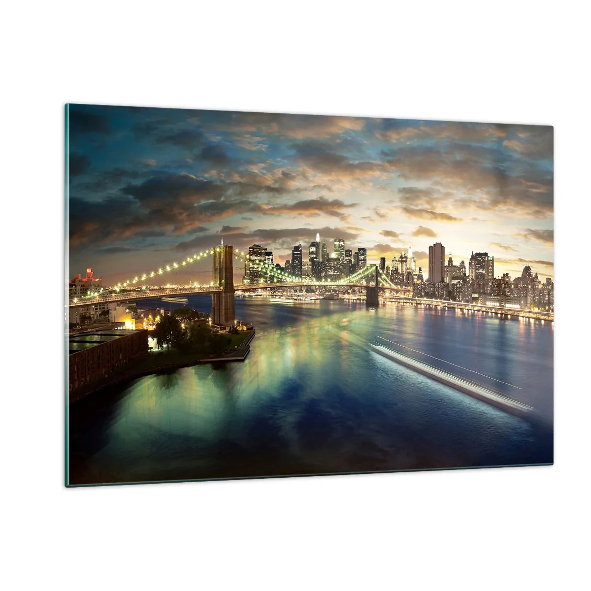 Impression sur verre - Image sur verre - Vue du pont et de la ville au coucher du soleil - 120x80cm - Une soirée lumineuse sur Manhattan - Décoration murale moderne pour le salon et la chambre ARTTOR