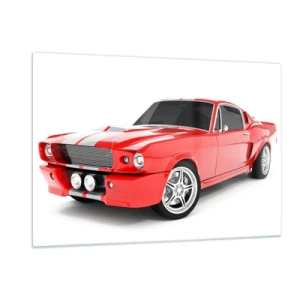 Impression sur verre - Image sur verre - Voiture de sport Mustang classique rouge - 120x80cm - Une Mustang aussi rapide que le vent - Décoration murale moderne pour le salon et la chambre ARTTOR