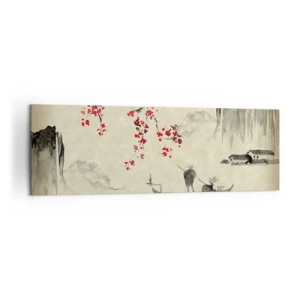 Impression sur toile - Image sur toile - Illustration orientale avec un bateau et une branche fleurie - 160x50cm - Au pays des cerisiers en fleurs - Décoration murale moderne pour le salon et la chambre ARTTOR