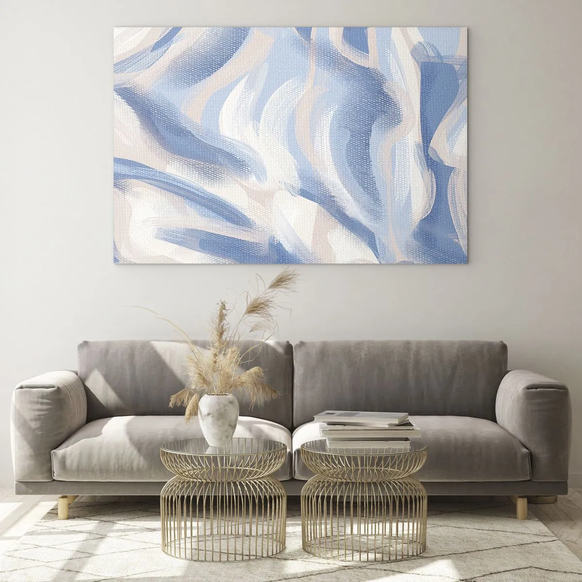 Impression sur verre - Image sur verre - Traits abstraits en bleu, blanc et beige dans une forme ondulée - 120x80cm - Vagues bleues - Décoration murale moderne pour le salon et la chambre ARTTOR