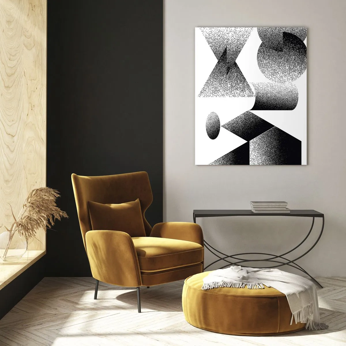Impression sur verre - Image sur verre - Abstraction en noir et blanc avec des formes géométriques - 50x70cm - Angles et ovales - Décoration murale moderne pour le salon et la chambre ARTTOR