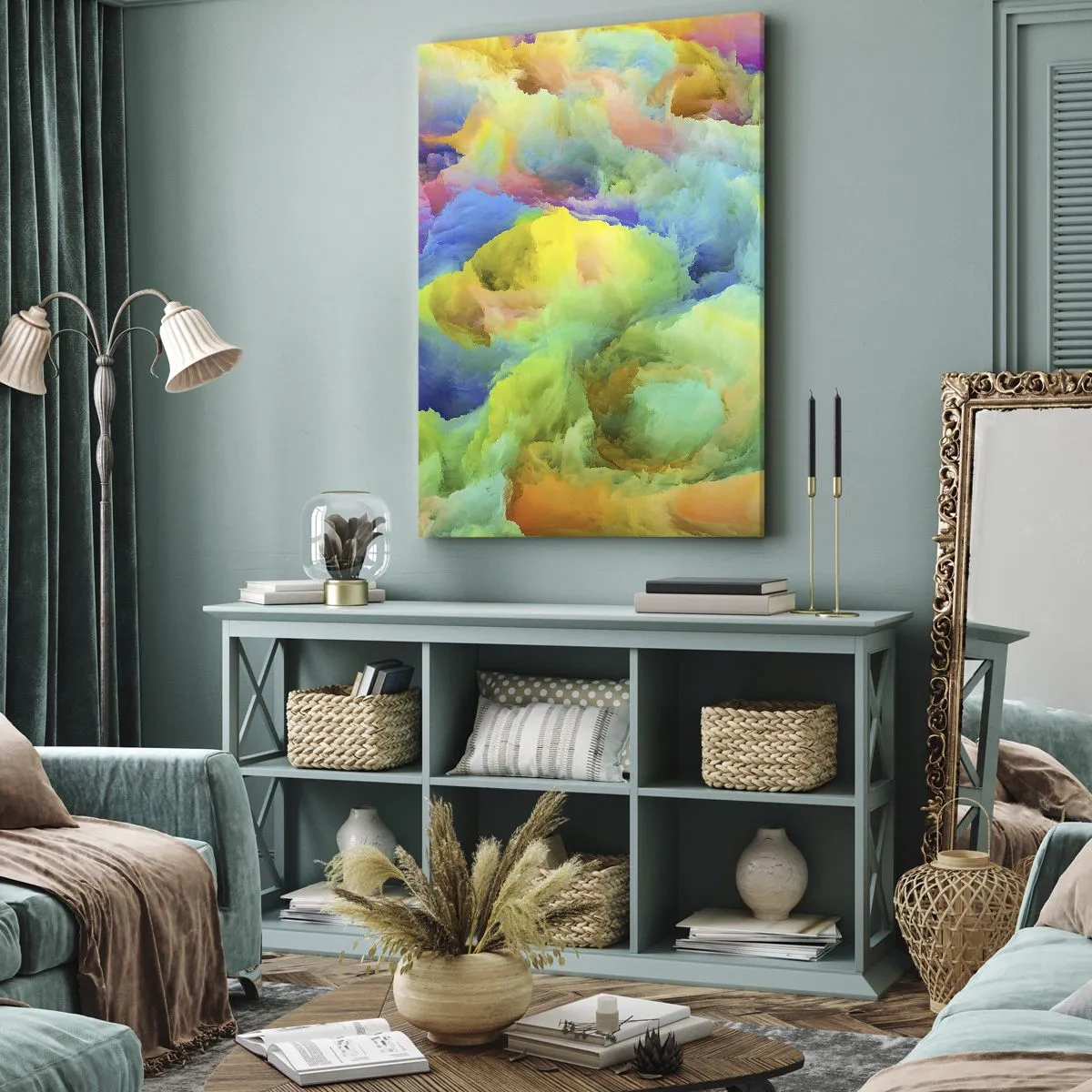 Impression sur toile - Image sur toile - Composition abstraite aux couleurs de l'arc-en-ciel - 80x120cm - Plumule arc-en-ciel - Décoration murale moderne pour le salon et la chambre ARTTOR