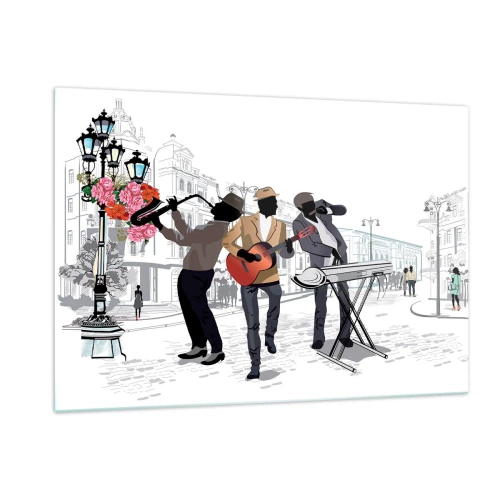Impression sur verre - Image sur verre - Un groupe de jazz jouant dans la rue - 120x80cm - Musique de rue - Décoration murale moderne pour le salon et la chambre ARTTOR