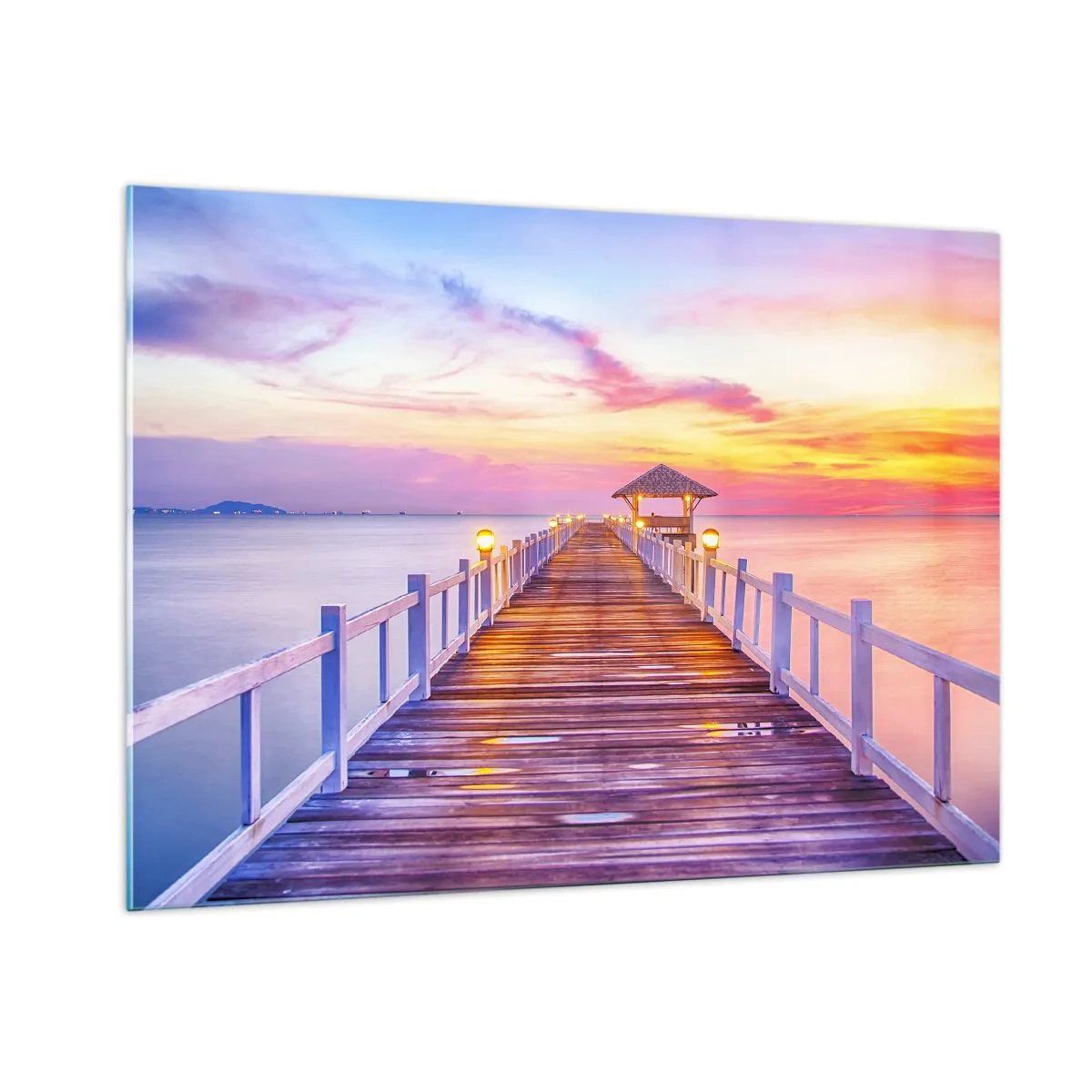 Impression sur verre - Image sur verre - Jetée en bois au coucher du soleil sur une mer calme - 100x70cm - Le silence lilas-doré du soir - Décoration murale moderne pour le salon et la chambre ARTTOR