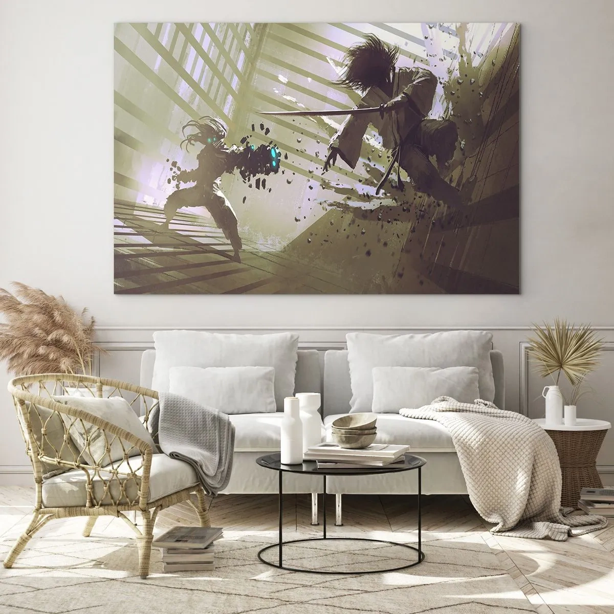 Impression sur verre - Image sur verre - Duel de samouraïs dans une scène dynamique - 120x80cm - Et tu peux être un samouraï - Décoration murale moderne pour le salon et la chambre ARTTOR