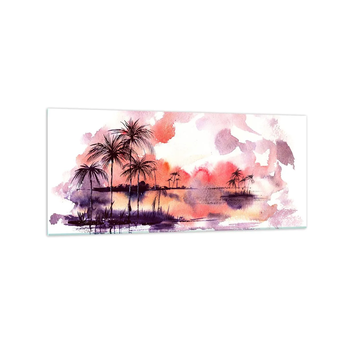 Impression sur verre - Image sur verre - Paysage tropical avec palmiers au coucher du soleil à l'aquarelle - 120x50cm - La tranquillité des tropiques en rouge - Décoration murale moderne pour le salon et la chambre ARTTOR