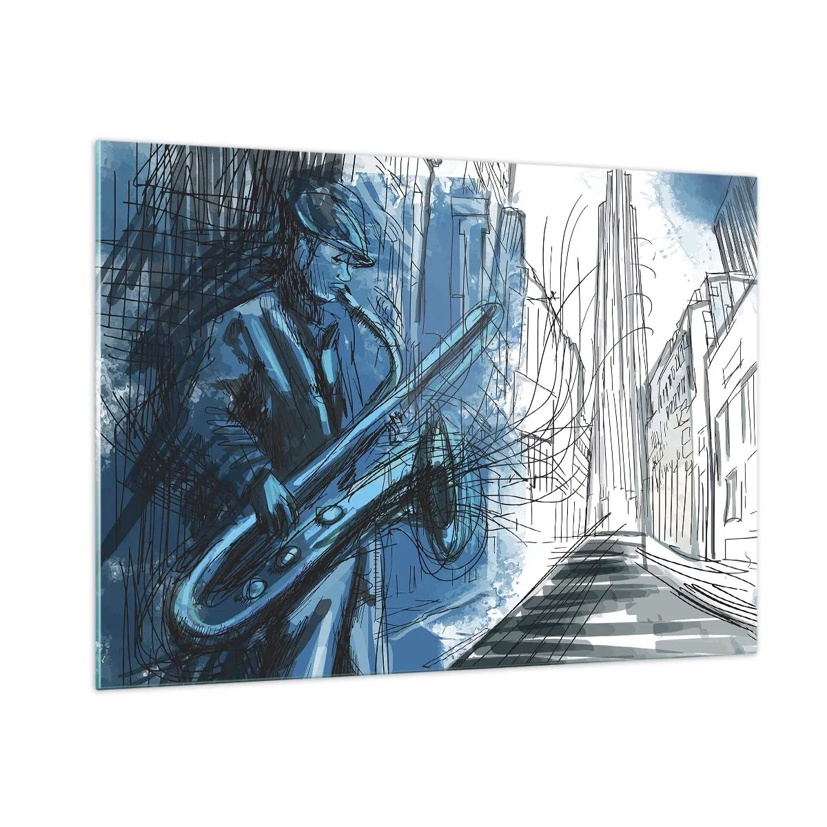 Impression sur verre - Image sur verre - Saxophoniste de jazz dans un décor urbain aux teintes bleues - 100x70cm - Rhapsodie urbaine - Décoration murale moderne pour le salon et la chambre ARTTOR