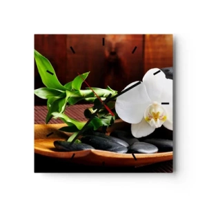 Horloge murale - Pendule murale - Orchidée blanche avec bambou sur fond de pierre de style zen - 30x30cm - Cédez au contact de la nature - Décoration murale moderne pour le salon et la chambre ARTTOR
