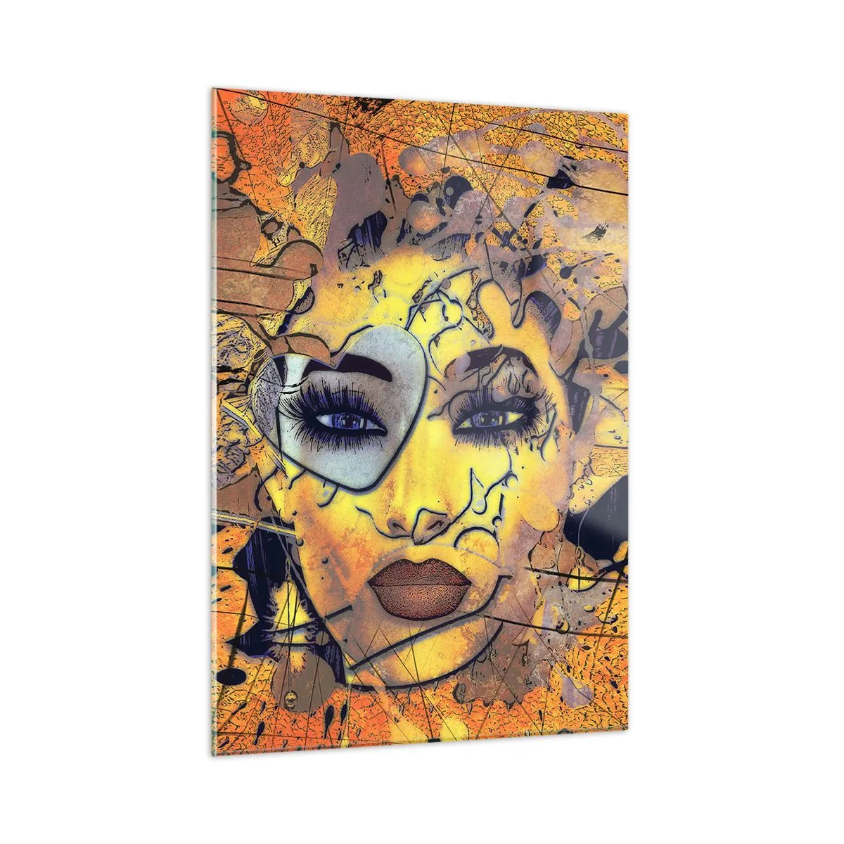 Impression sur verre - Image sur verre - Visage de femme abstrait dans des tons orangés dorés - 50x70cm - Beauté ensoleillée - Décoration murale moderne pour le salon et la chambre ARTTOR