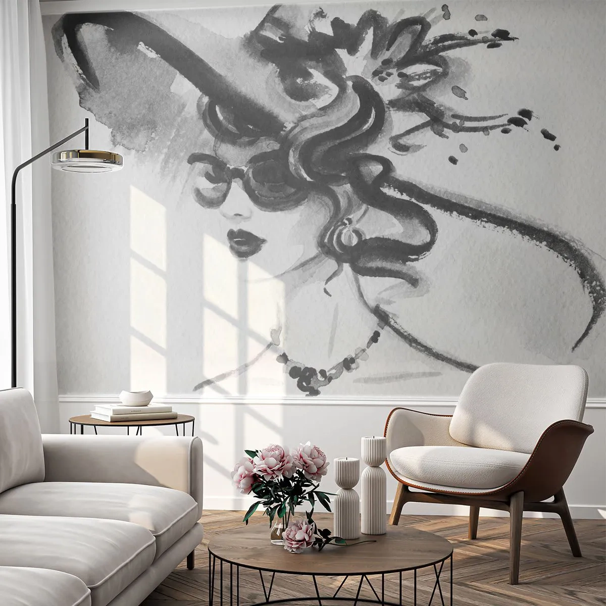 Papier Peint Autocollant Deluxe Sticker - Une dame de caractère - Femme au chapeau, Visage de femme, Noir et blanc - 250x175 cm