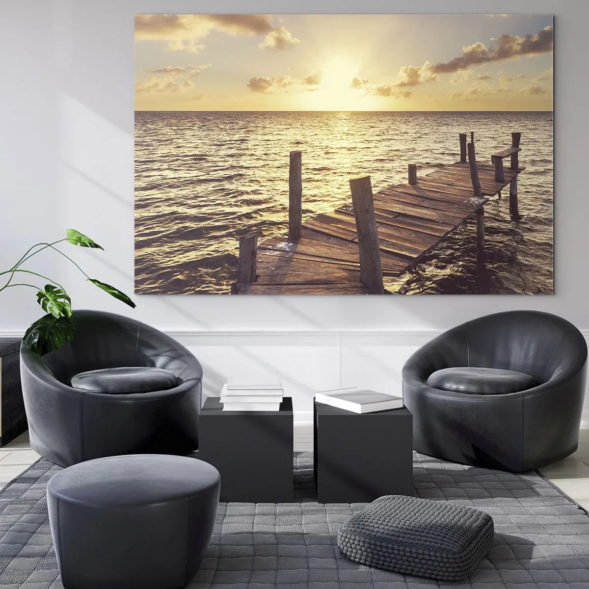 Impression sur verre - Image sur verre - Une jetée en bois sur fond de soleil couchant - 70x50cm - La terre d'or de la douceur - Décoration murale moderne pour le salon et la chambre ARTTOR
