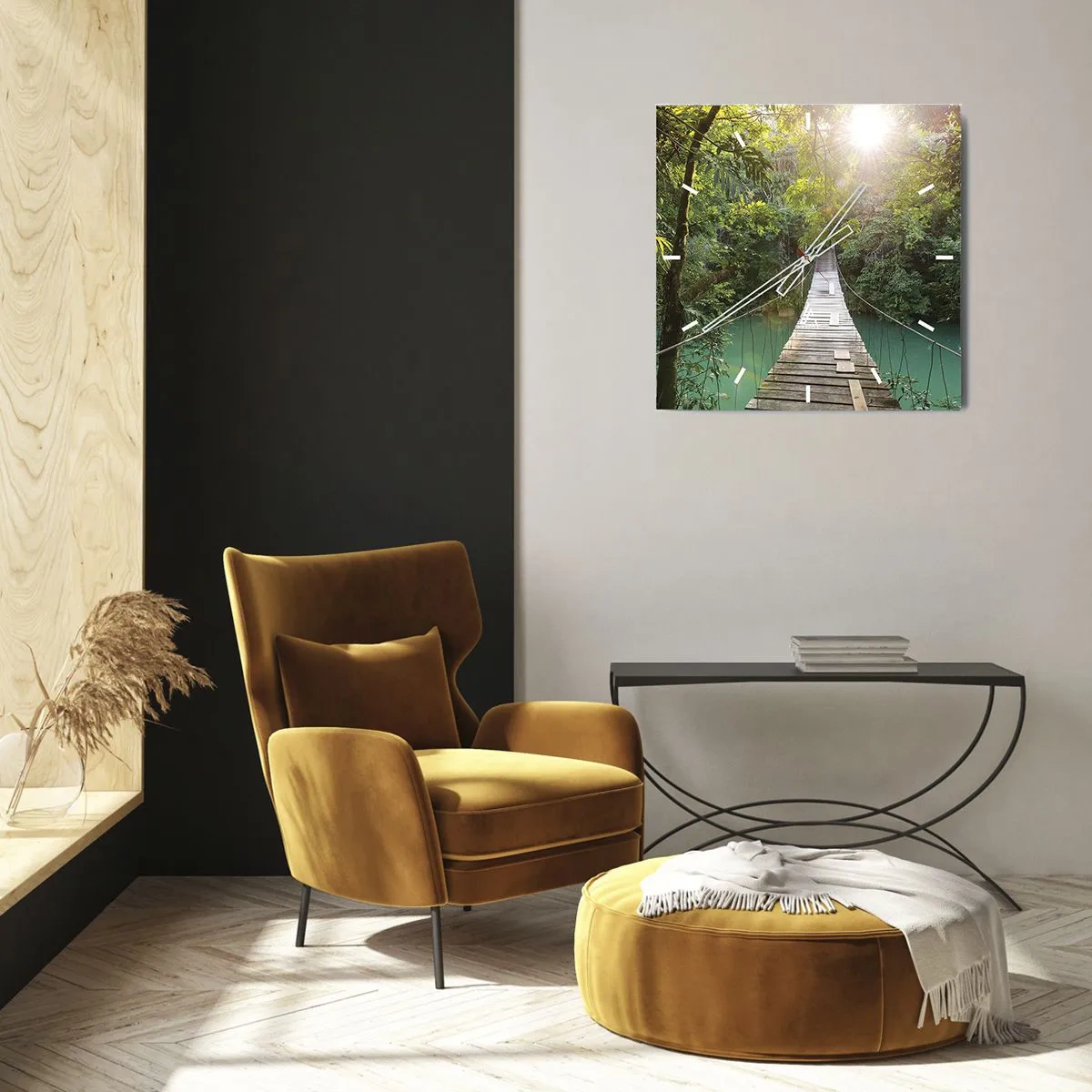 Horloge murale - Pendule murale - Un pont suspendu dans une forêt tropicale illuminée par la lumière du soleil. - 30x30cm - De l'eau azur à la forêt azur - Décoration murale moderne pour le salon et la chambre ARTTOR
