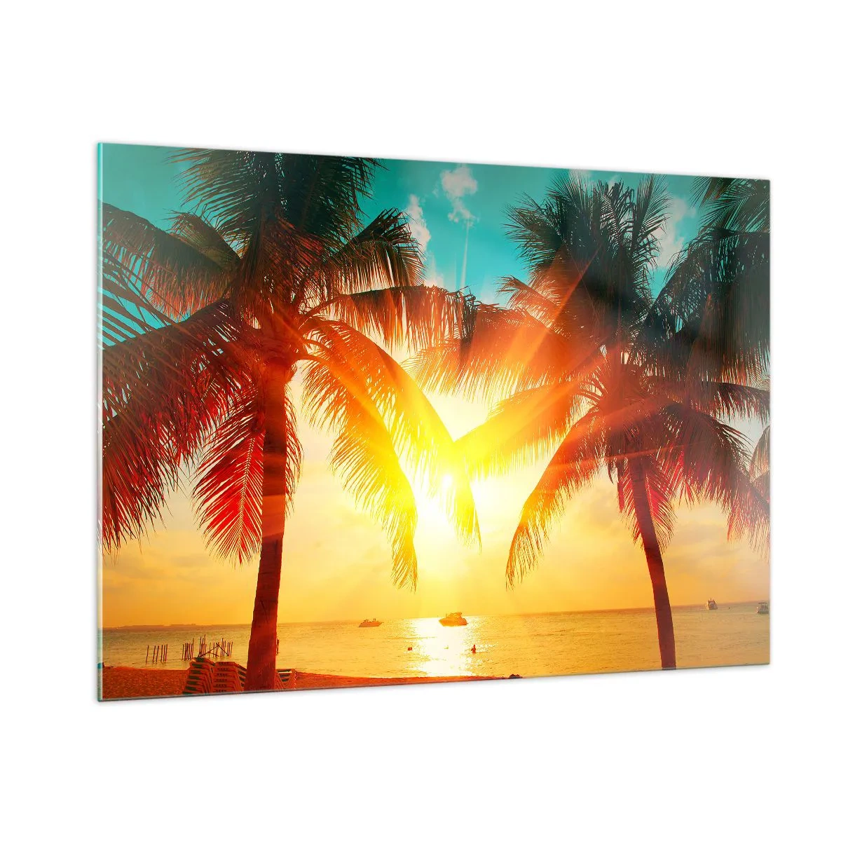 Impression sur verre - Image sur verre - Palmiers ensoleillés sur une plage tropicale - 100x70cm - Couple exotique - Décoration murale moderne pour le salon et la chambre ARTTOR