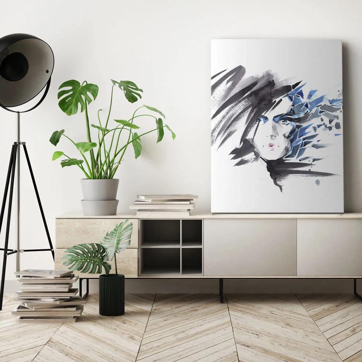 Impression sur toile - Image sur toile - Portrait sensuel en gris et bleu - 55x100 cm