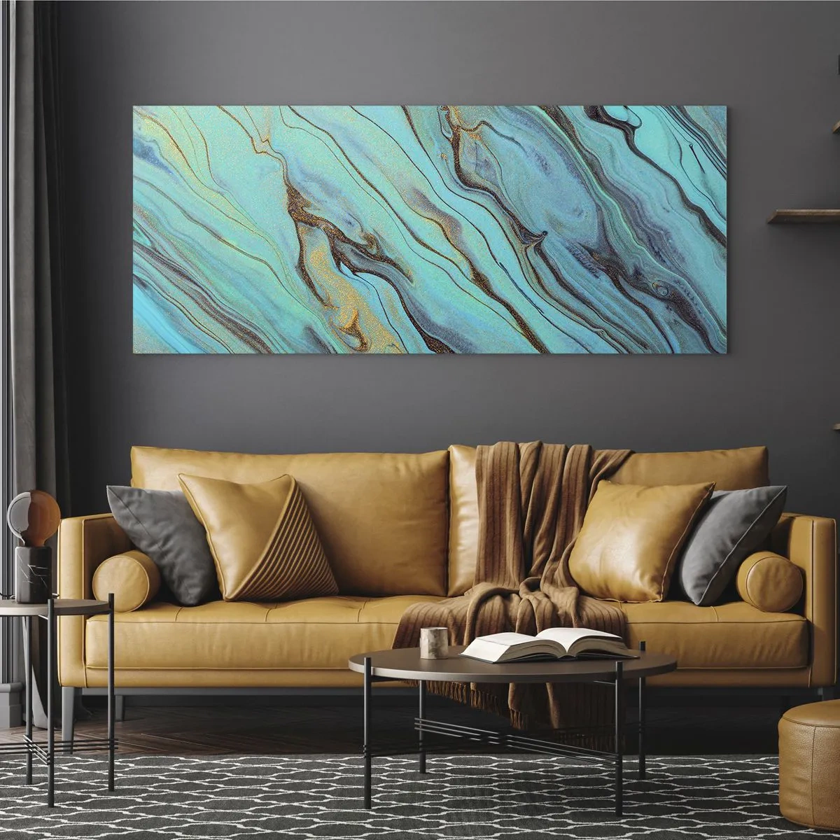Impression sur verre - Image sur verre - Vagues abstraites dans des tons turquoise et or - 120x50cm - Marée turquoise - Décoration murale moderne pour le salon et la chambre ARTTOR