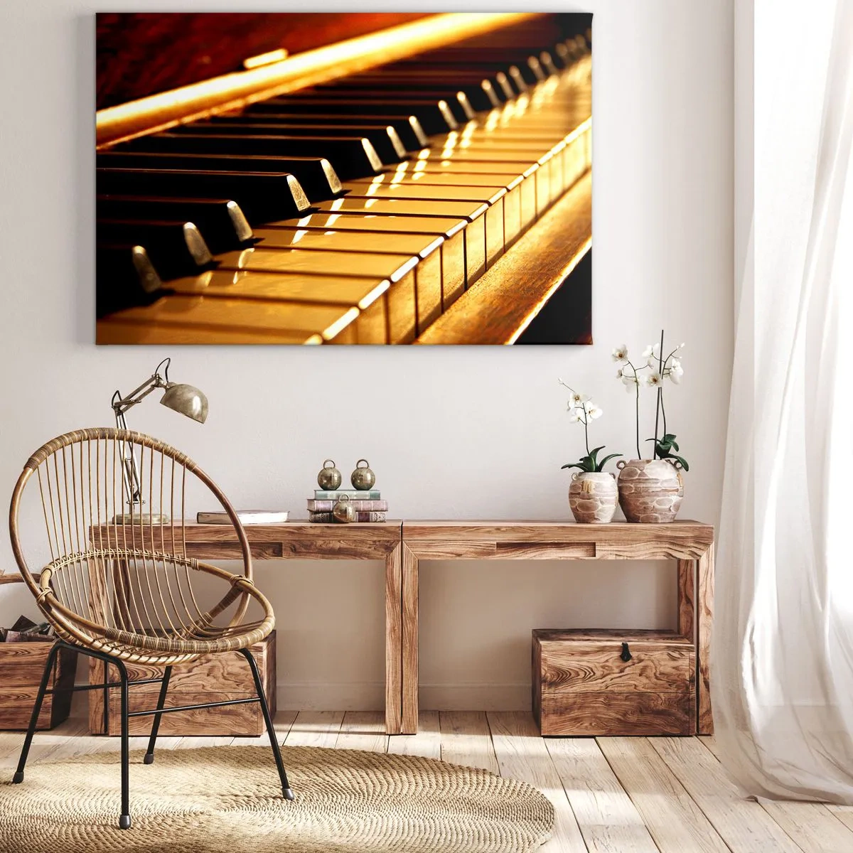 Impression sur toile - Image sur toile - Clavier de piano sous un éclairage doré - 70x50cm - Des possibilités infinies - Décoration murale moderne pour le salon et la chambre ARTTOR