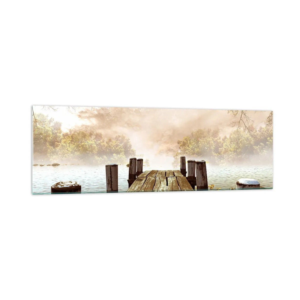 Impression sur verre - Image sur verre - Une jetée en bois menant à un lac calme dans la brume matinale - 160x50cm - La douce tristesse de l'automne - Décoration murale moderne pour le salon et la chambre ARTTOR
