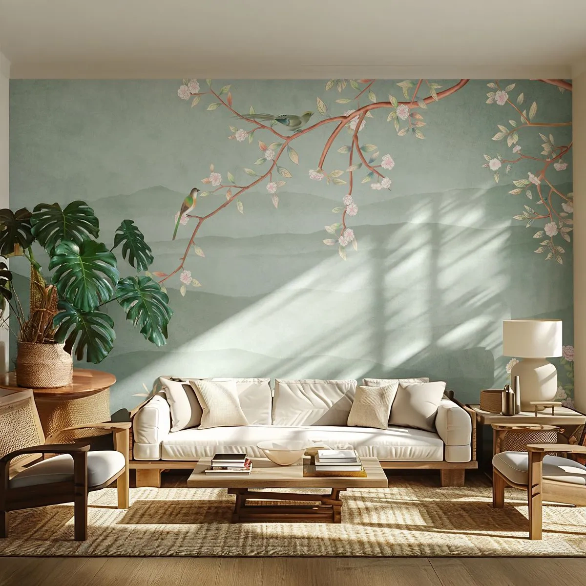 Papier Peint Photo Premium Canvas - Printemps oh c'est toi - Pastel, Des oiseaux, Fleurs - 450x315 cm