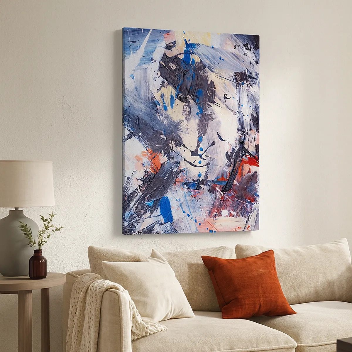 Impression sur toile - Image sur toile - Abstraction avec des coups de pinceau dynamiques en bleu et rouge. - 50x70cm - La danse folle de l'abstrait - Décoration murale moderne pour le salon et la chambre ARTTOR
