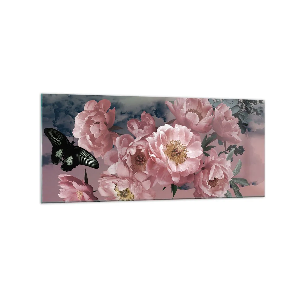 Impression sur verre - Image sur verre - Pivoines roses avec un papillon sur fond pastel - 120x50cm - Pic du romantisme - Décoration murale moderne pour le salon et la chambre ARTTOR