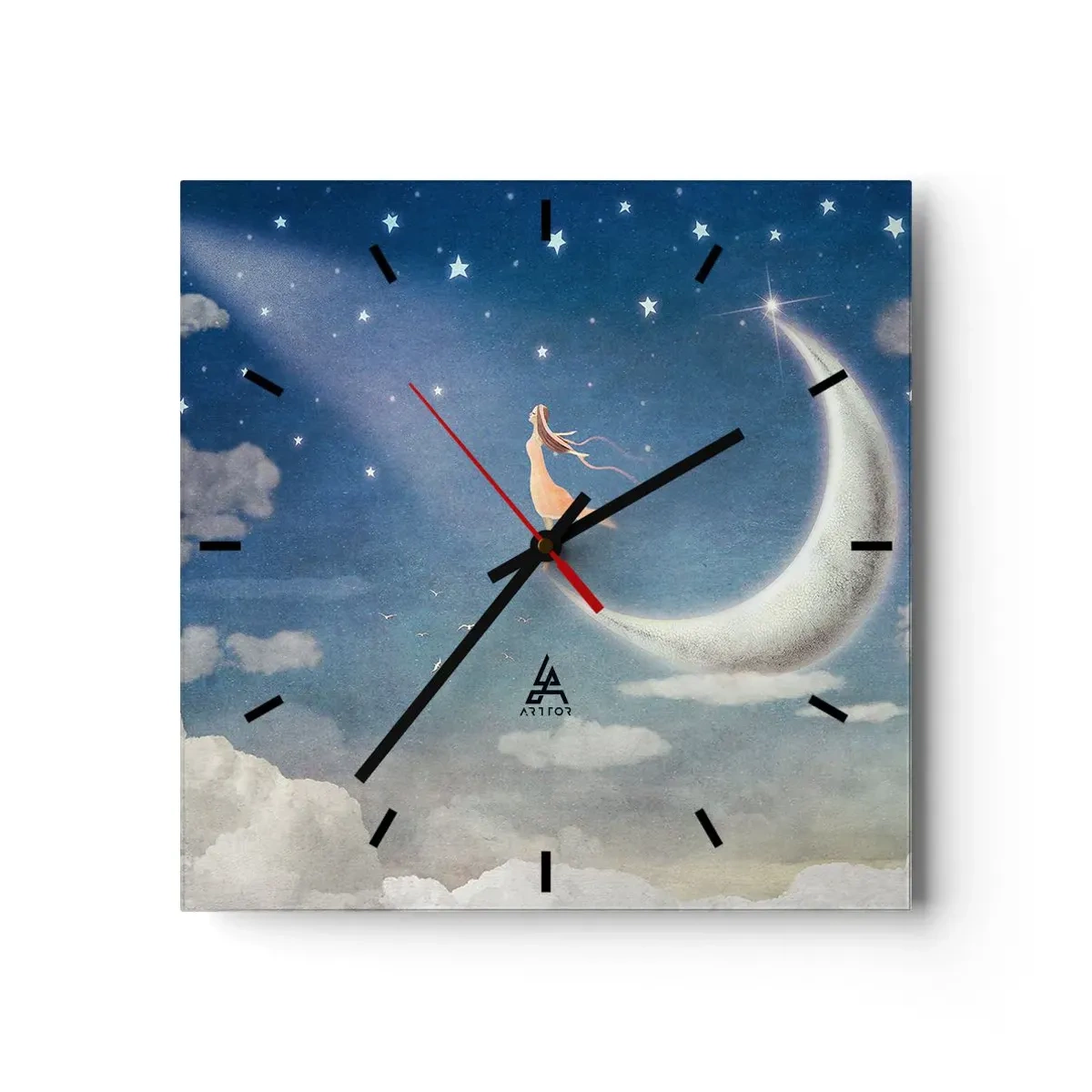 Horloge murale - Pendule murale - Une femme dans la lune entourée d'étoiles et de nuages - 30x30cm - Valise bleue - Décoration murale moderne pour le salon et la chambre ARTTOR