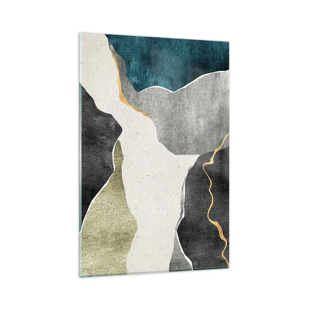 Impression sur verre - Image sur verre - Formes géométriques dans les tons de gris, vert et or - 80x120cm - Composition mosaïque avec un fil d'or - Décoration murale moderne pour le salon et la chambre ARTTOR