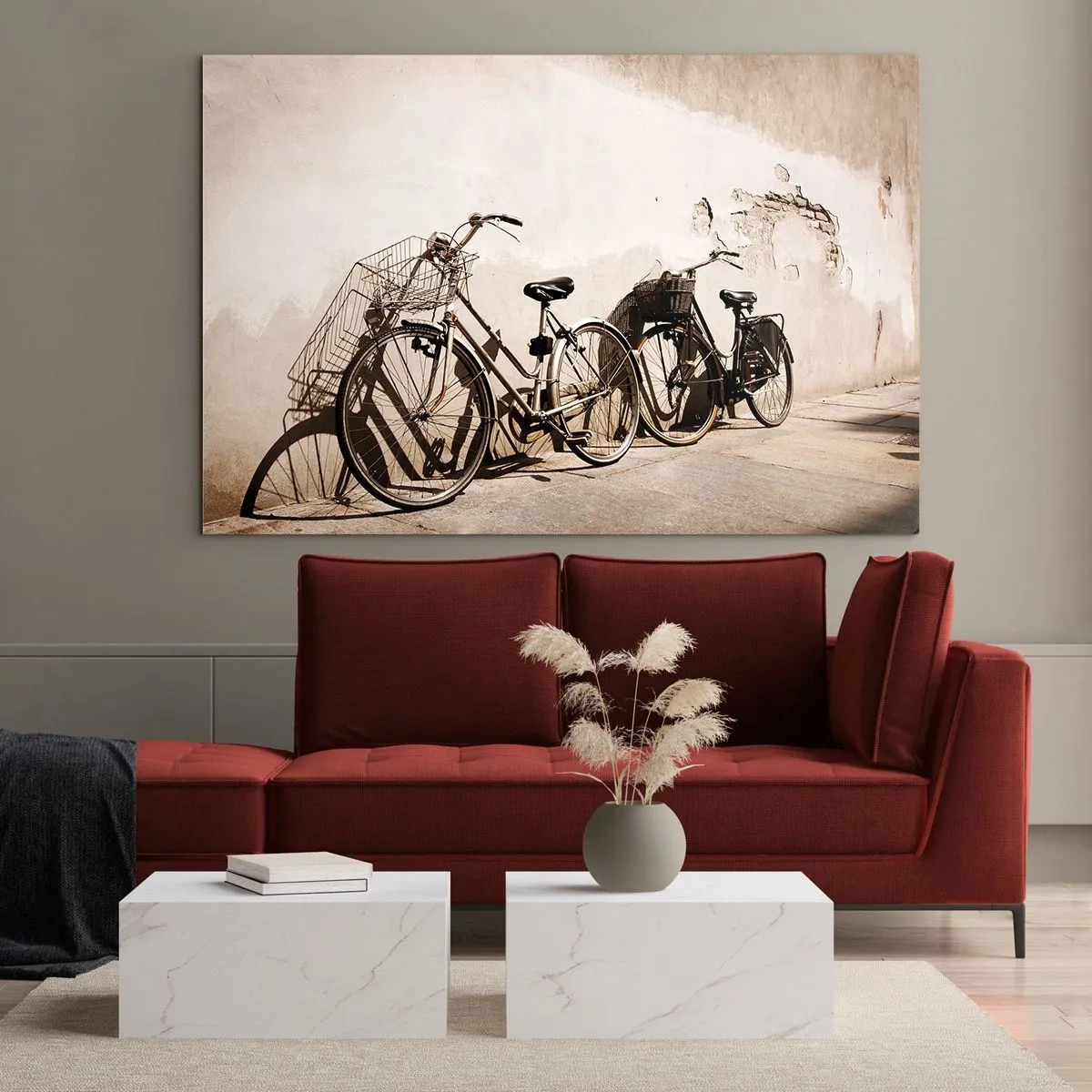 Impression sur verre - Image sur verre - Vélos rétro appuyés contre un vieux mur - 70x50cm - Le charme inoubliable du passé - Décoration murale moderne pour le salon et la chambre ARTTOR