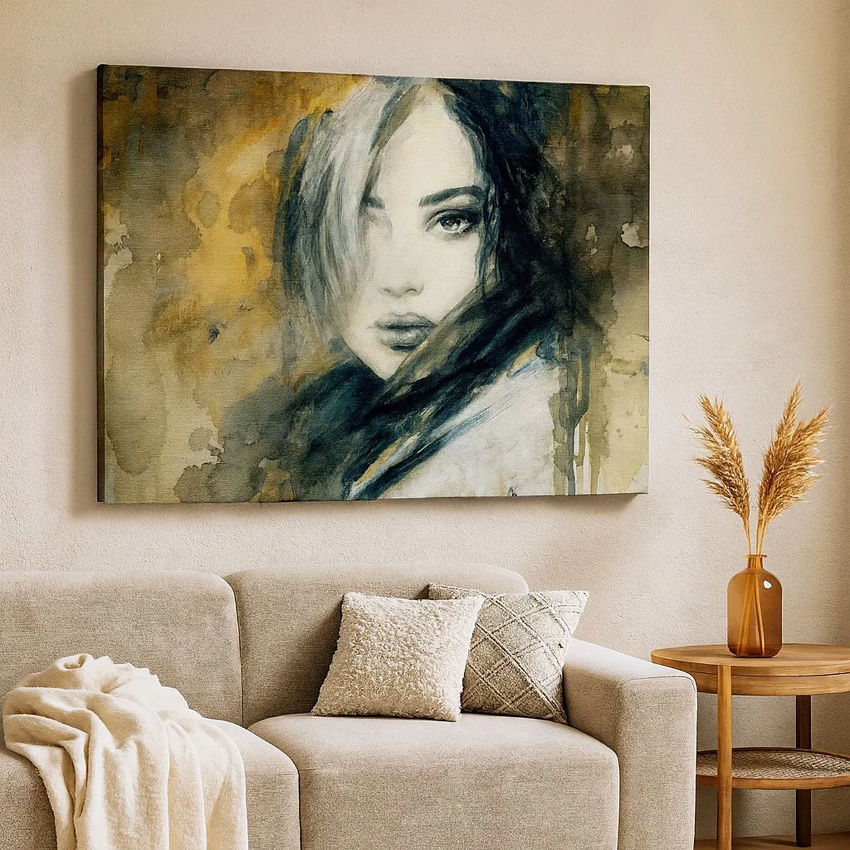 Impression sur toile - Image sur toile - Portrait d'une femme sur fond de taches abstraites dans les tons beiges - 70x50cm - plutôt innocente ou sensuelle ? - Décoration murale moderne pour le salon et la chambre ARTTOR