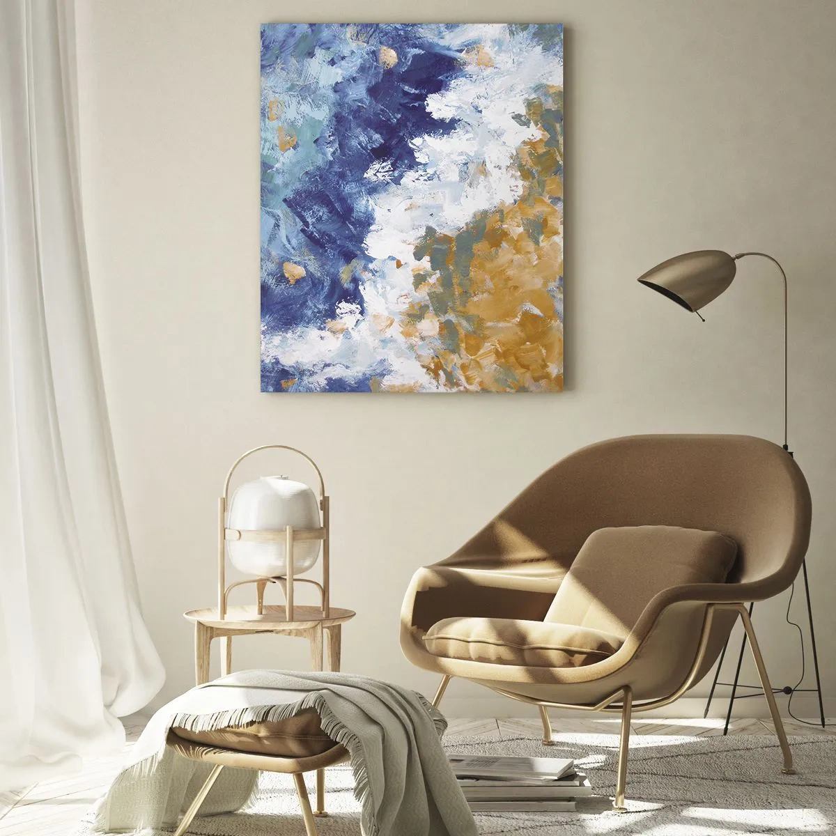 Impression sur verre - Image sur verre - Coups de peinture abstraits en bleu, blanc et or - 50x70cm - Danse des éléments - Décoration murale moderne pour le salon et la chambre ARTTOR