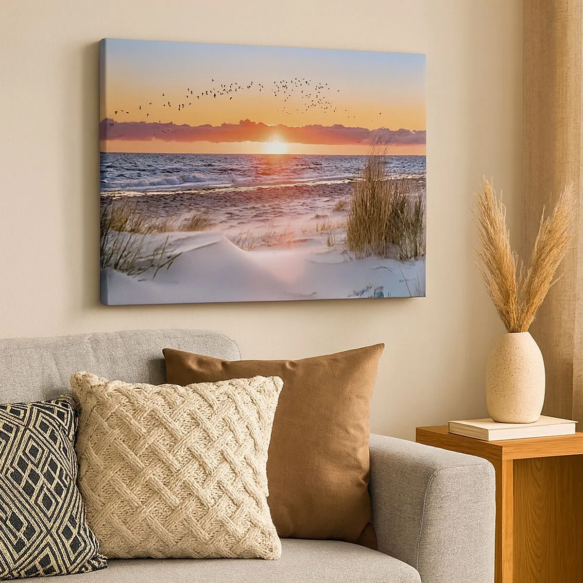 Impression sur toile - Image sur toile - Coucher de soleil sur la mer avec vue sur les dunes - 70x50cm - Paysage horizontal - Décoration murale moderne pour le salon et la chambre ARTTOR