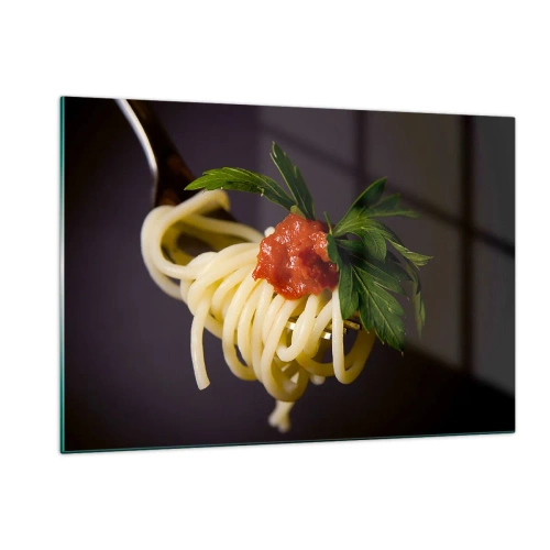 Impression sur verre - Image sur verre - Spaghettis à la fourchette avec sauce tomate - 120x80cm - Une bouchée savoureuse - Décoration murale moderne pour le salon et la chambre ARTTOR