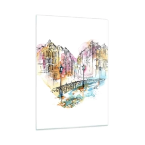 Impression sur verre - Image sur verre - Maisons romantiques avec un pont en forme de cœur, aquarelle - 50x70cm - Le coeur de la ville - Décoration murale moderne pour le salon et la chambre ARTTOR