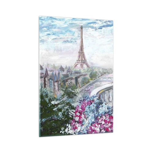 Impression sur verre - Image sur verre - Une vue romantique de Paris avec la Tour Eiffel et un balcon rempli de fleurs - 80x120cm - C'est le plus beau ici en mai - Décoration murale moderne pour le salon et la chambre ARTTOR