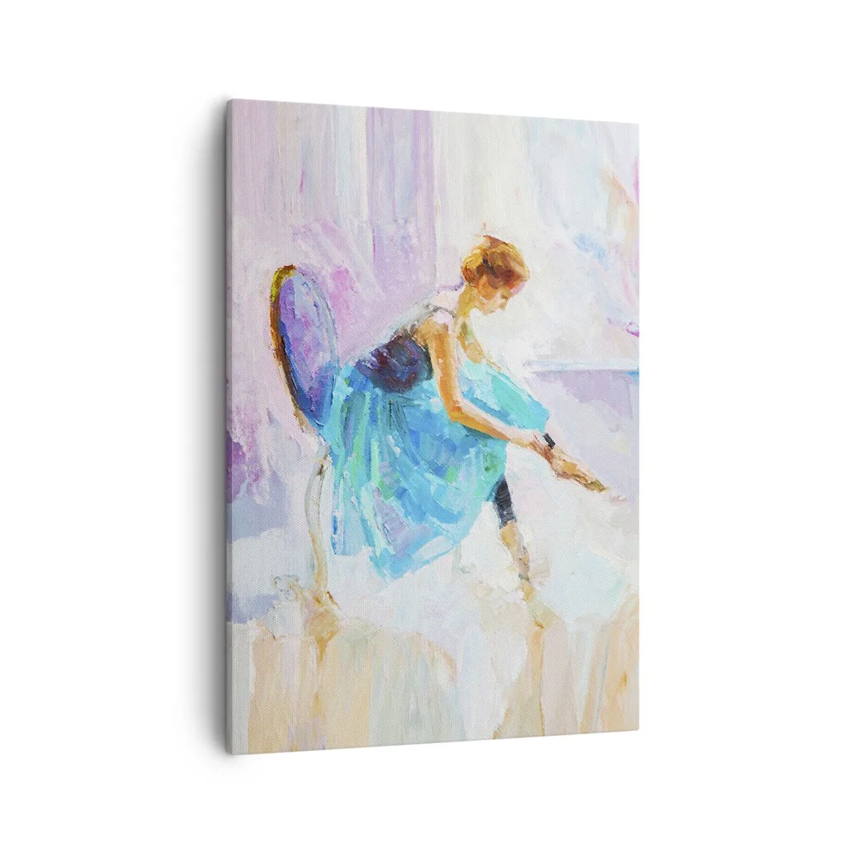 Impression sur toile - Image sur toile - Une ballerine se prépare à danser dans des tons pastel. - 50x70cm - Grâce ineffable, charme subtil - Décoration murale moderne pour le salon et la chambre ARTTOR