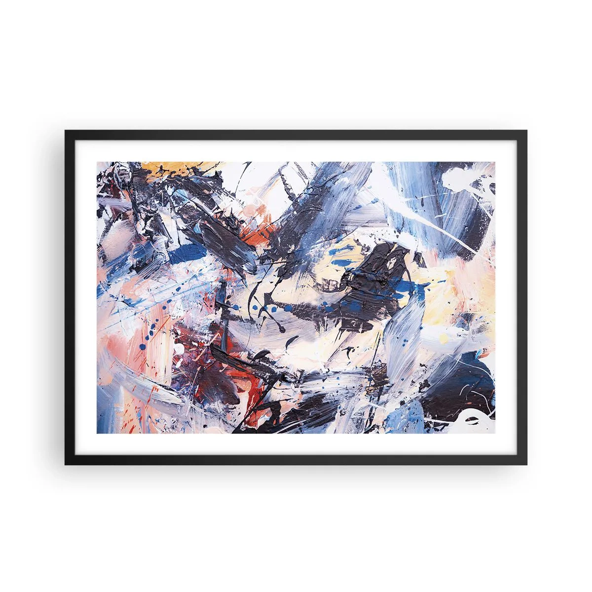 Affiche dans un cadre noir - Poster - Abstraction avec des coups de pinceau dynamiques en bleu et rouge. - 70x50cm - La danse folle de l'abstrait - Décoration murale moderne pour le salon et la chambre ARTTOR