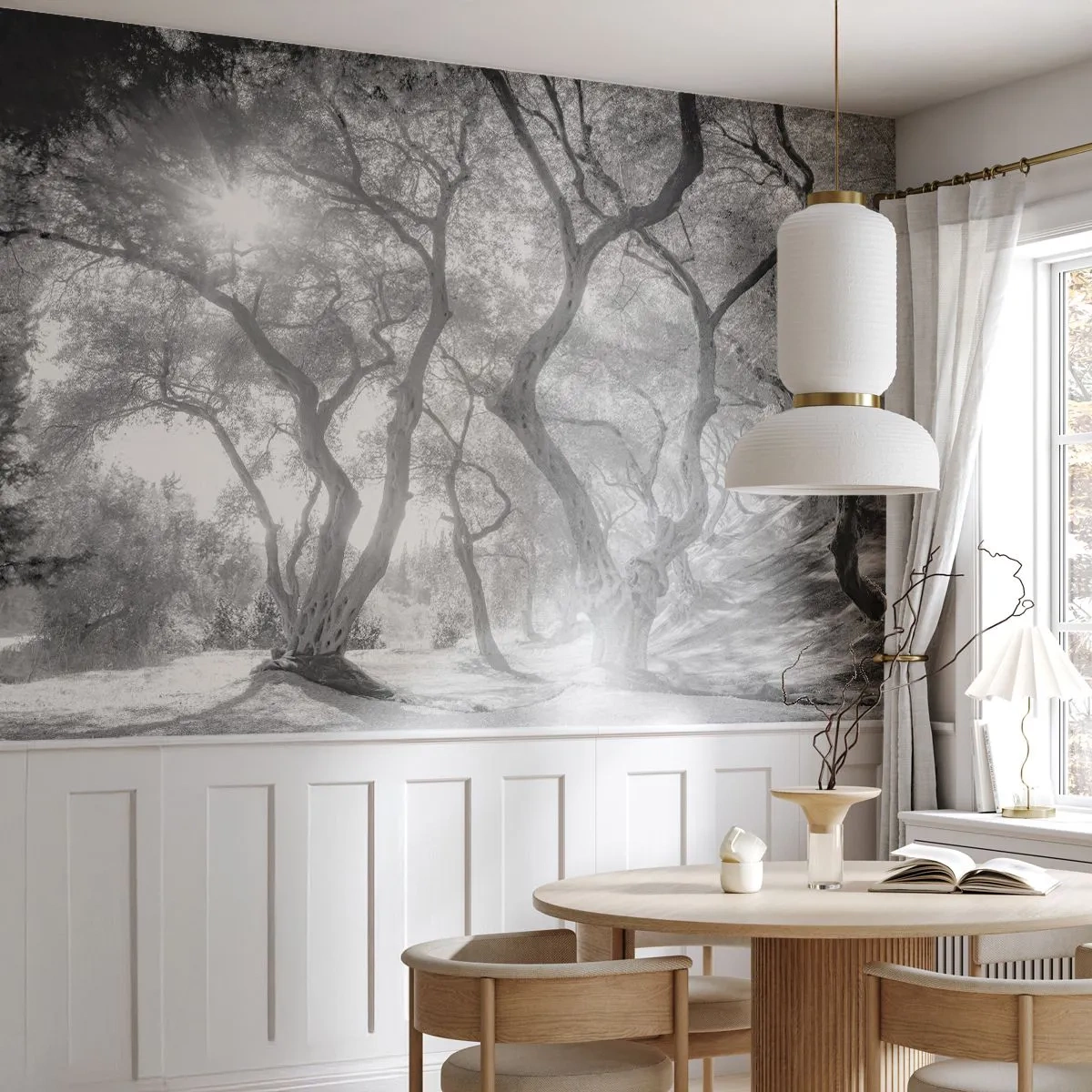 Papier Peint Photo Premium Sand - Oliviers noirs et blancs avec des rayons de soleil à travers les branches - 100x70cm - Dans l'oliveraie - Décoration murale moderne pour le salon et la chambre ARTTOR