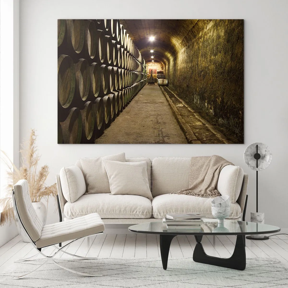 Impression sur verre - Image sur verre - Cave à vin avec rangées de barriques - 100x70cm - Qu'il est bon de s'allonger - Décoration murale moderne pour le salon et la chambre ARTTOR