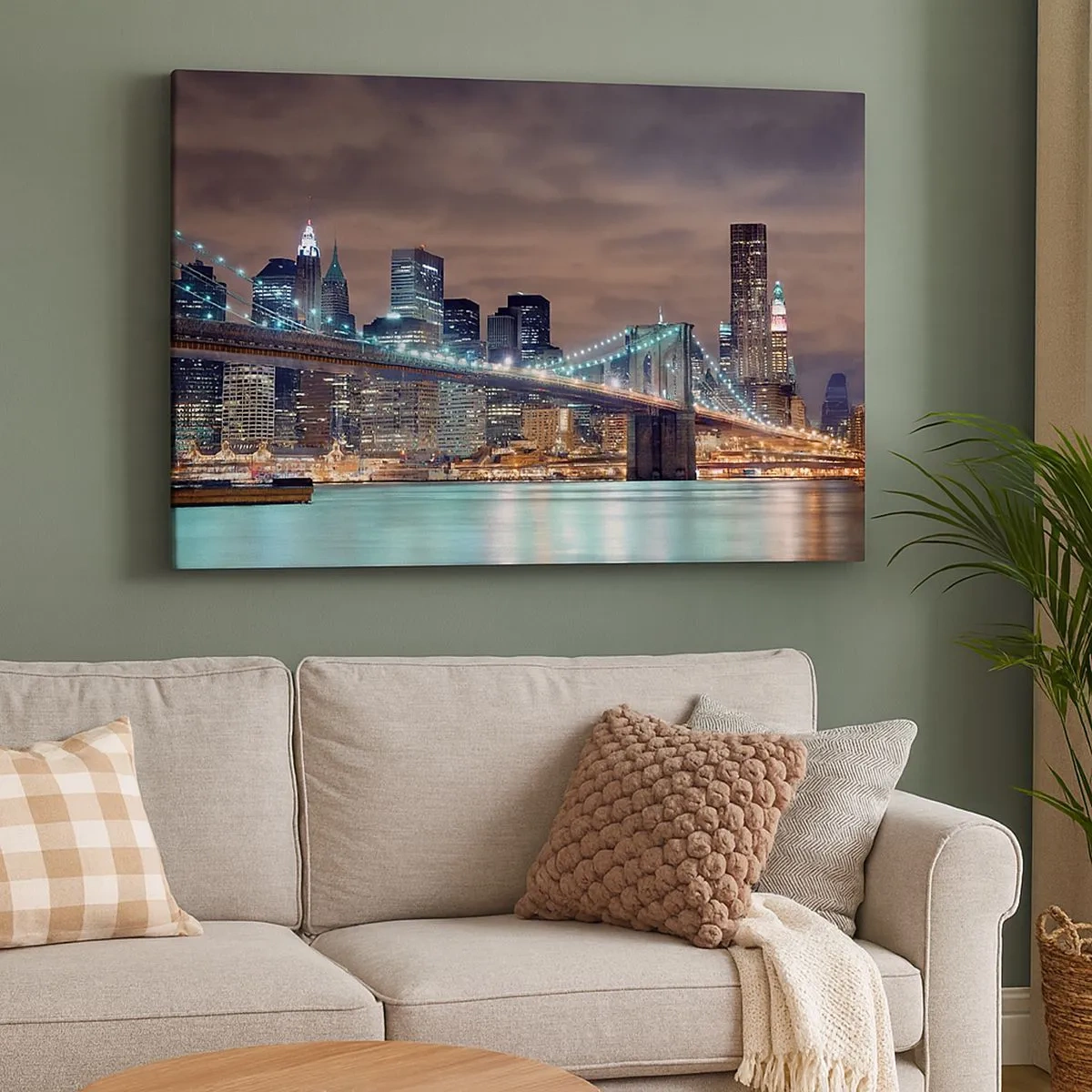 Impression sur toile - Image sur toile - Le pont illuminé la nuit sur fond de panorama urbain moderne - 70x50cm - Lumières des grandes villes - Décoration murale moderne pour le salon et la chambre ARTTOR