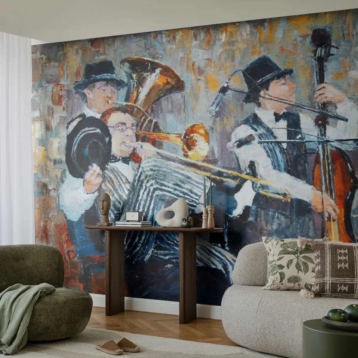 Papier Peint Photo Premium Sand - Orchestre de jazz impressionniste - 100x70cm - C'est tout le Jazz - Décoration murale moderne pour le salon et la chambre ARTTOR