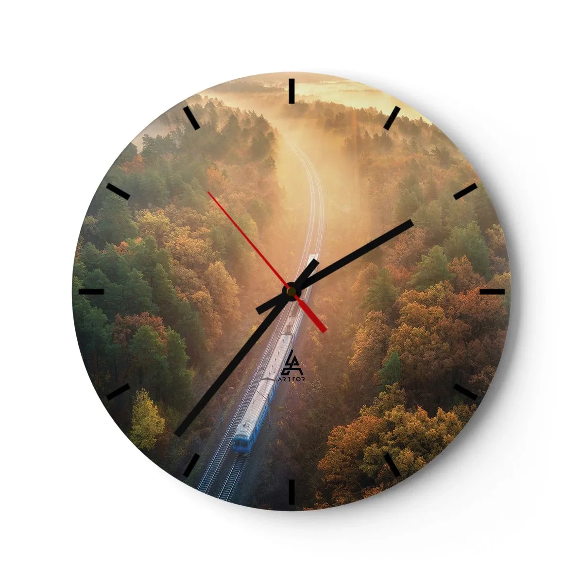 Horloge murale - Pendule murale - Un train traversant une forêt d'automne dans le brouillard matinal - 30x30cm - Voyage printannier - Décoration murale moderne pour le salon, la cuisine et la chambre ARTTOR