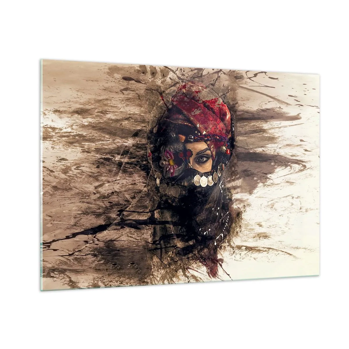 Impression sur verre - Image sur verre - Portrait d'une femme mystérieuse au turban rouge - 100x70cm - Inquiétant, c'est le moins qu'on puisse dire - Décoration murale moderne pour le salon et la chambre ARTTOR