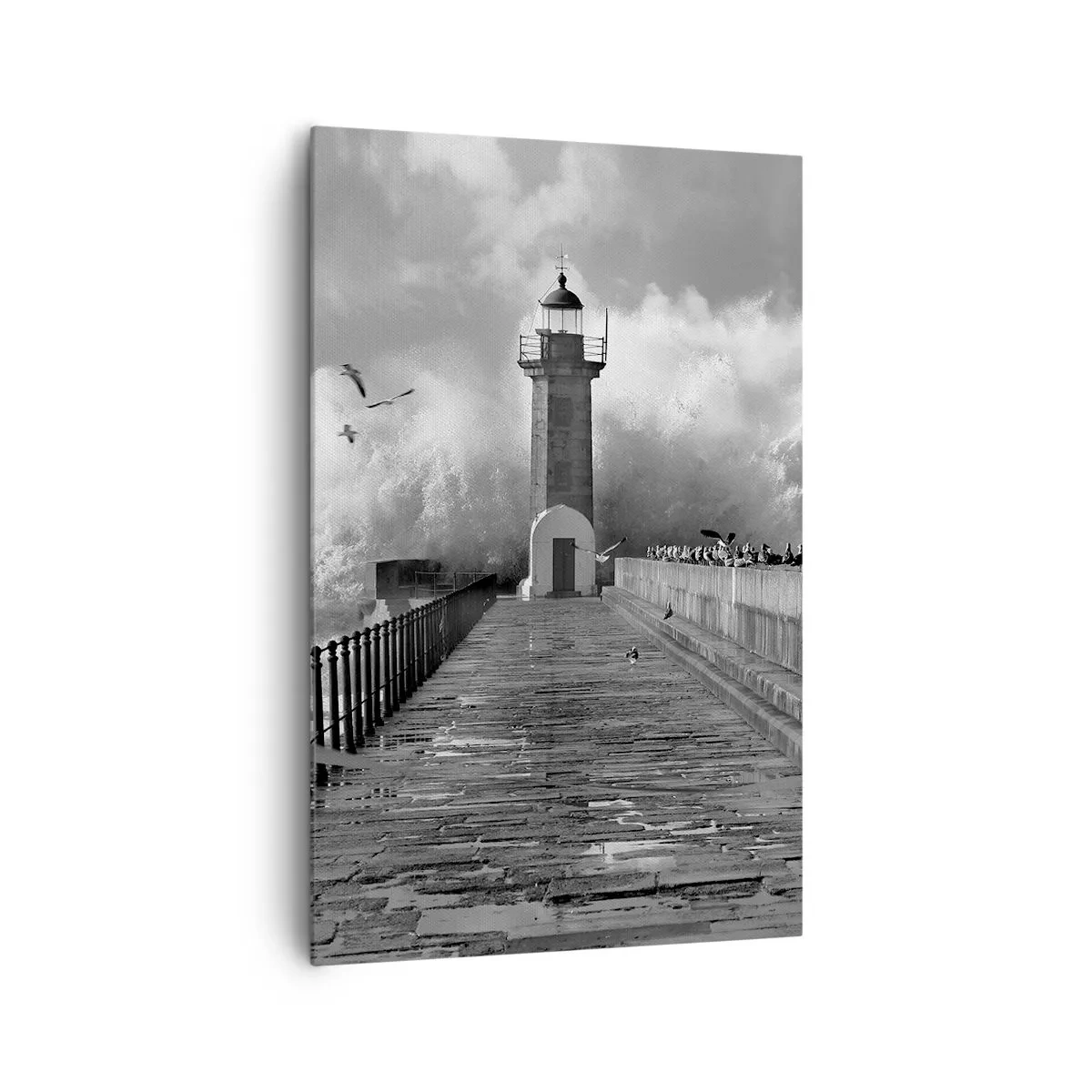 Impression sur toile - Image sur toile - Un phare entouré de vagues pendant une tempête - 80x120cm - Sans peur - Décoration murale moderne pour le salon et la chambre ARTTOR
