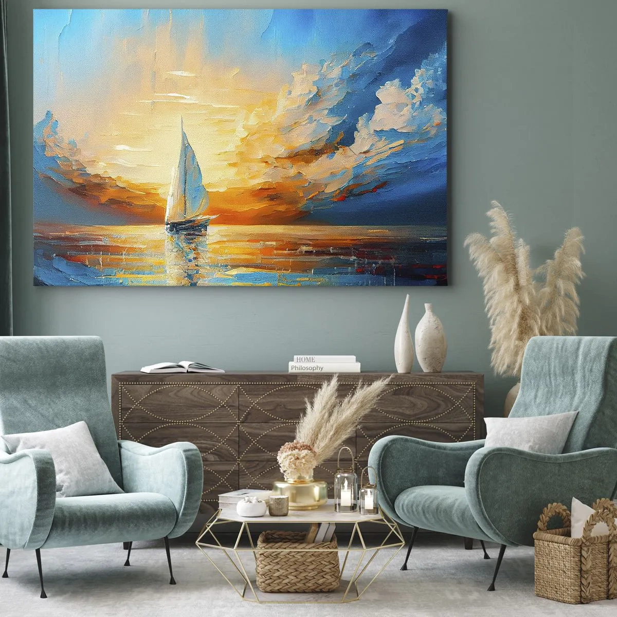 Impression sur toile - Image sur toile - Un voilier sur fond de soleil couchant et de nuages colorés - 120x80cm - Expédition en or - Décoration murale moderne pour le salon et la chambre ARTTOR