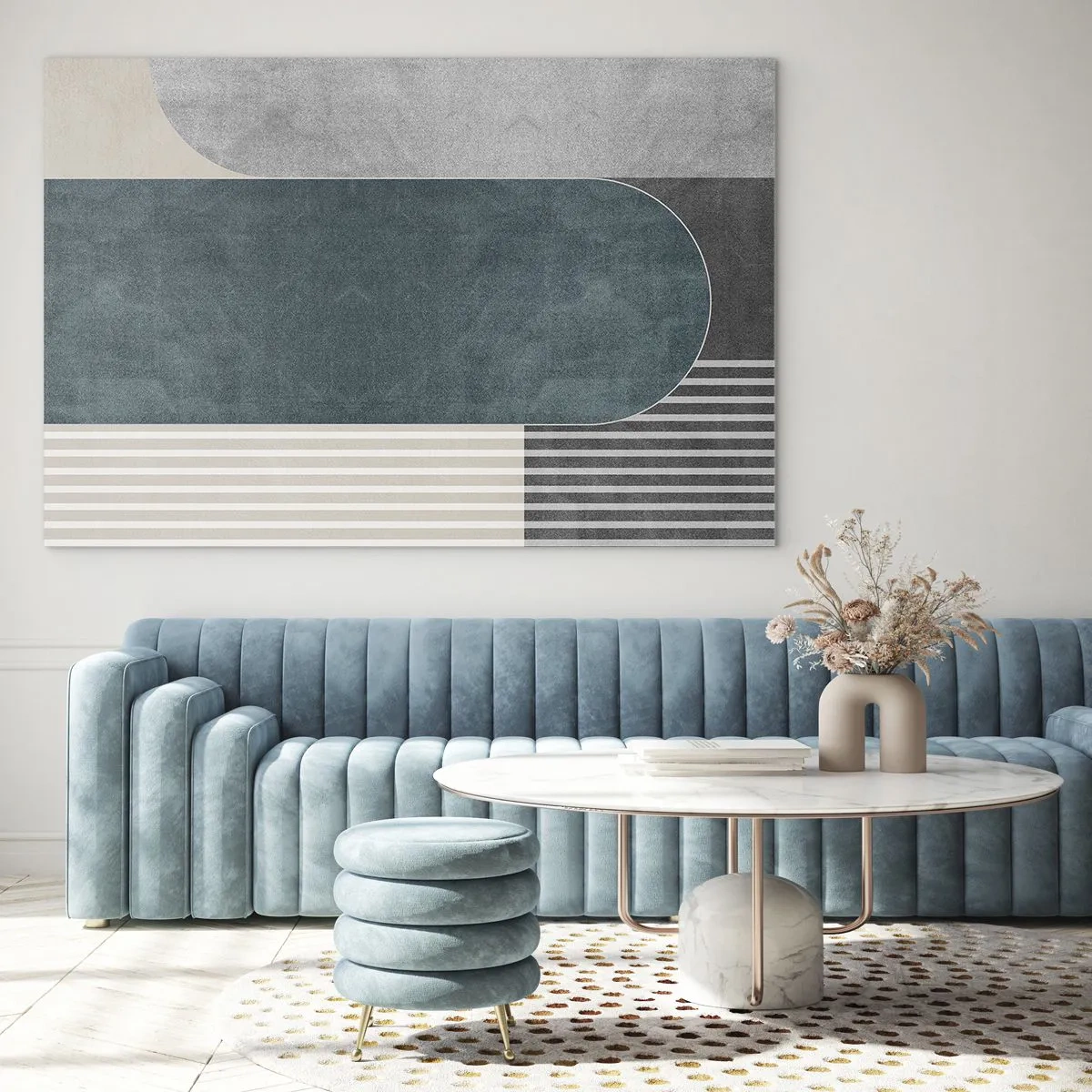 Impression sur verre - Image sur verre - Forme géométrique dans les tons de gris, beige et vert - 100x70cm - Composition de niveaux - Décoration murale moderne pour le salon et la chambre ARTTOR