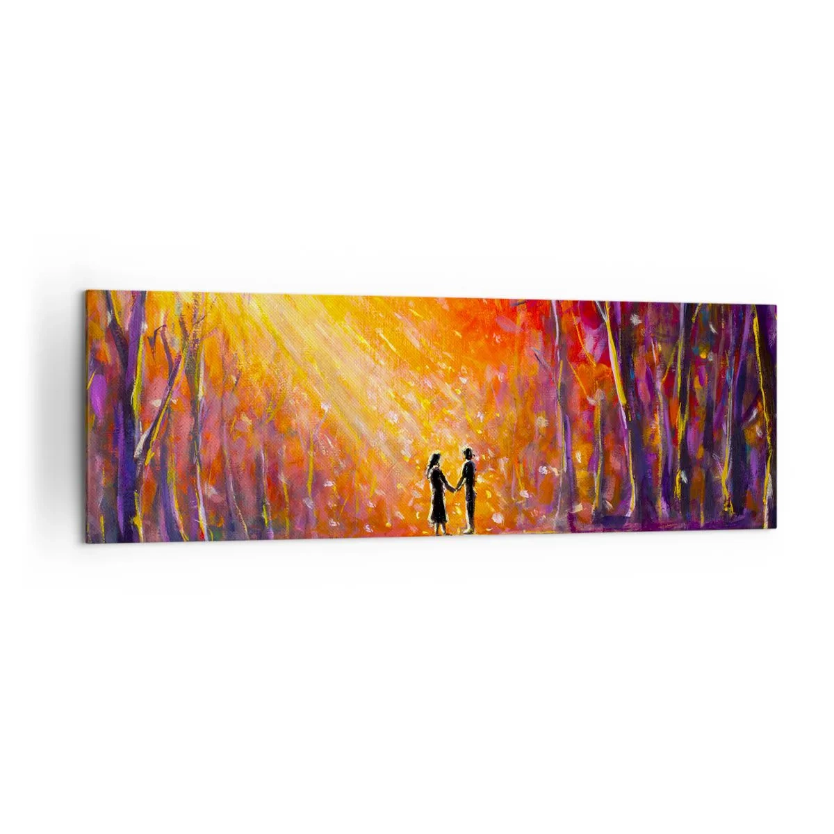 Impression sur toile - Image sur toile - Couple romantique sur un pont dans la forêt d'automne - 160x50cm - Le ciel les aime aussi - Décoration murale moderne pour le salon et la chambre ARTTOR