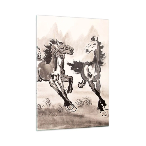 Impression sur verre - Image sur verre - Un groupe de chevaux au galop à la chinoise - 50x70cm - Dans un joyeux galop - Décoration murale moderne pour le salon et la chambre ARTTOR