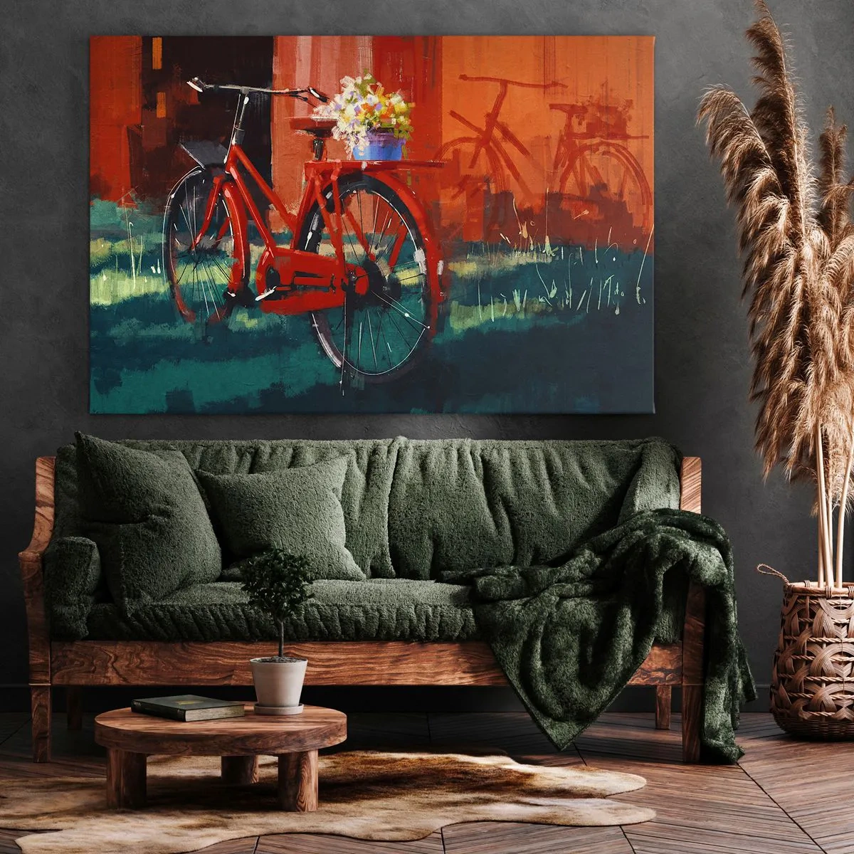 Impression sur toile - Image sur toile - Un vélo rouge avec des fleurs contre un mur orange - 100x70cm - I want to ride my bicycle - Décoration murale moderne pour le salon et la chambre ARTTOR