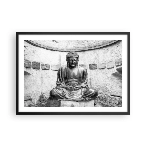 Affiche dans un cadre noir - Poster - Statue de Bouddha noir et blanc dans une pose méditative - 70x50cm - A la source de la paix - Décoration murale moderne pour le salon et la chambre ARTTOR