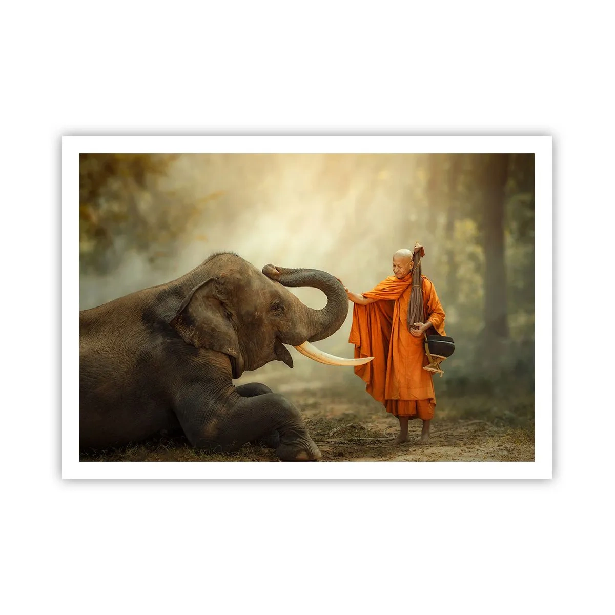 Affiche - Poster - Un moine et un éléphant en harmonie avec la nature en toile de fond - 100x70cm - Rencontre en voyageant - Décoration murale moderne pour le salon et la chambre ARTTOR