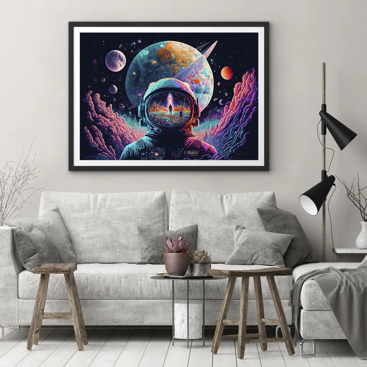 Affiche dans un cadre noir - Poster - Astronaute dans l'espace avec un paysage planétaire coloré - 70x50cm - Les philosophes n'en ont pas rêvé - Décoration murale moderne pour le salon et la chambre ARTTOR
